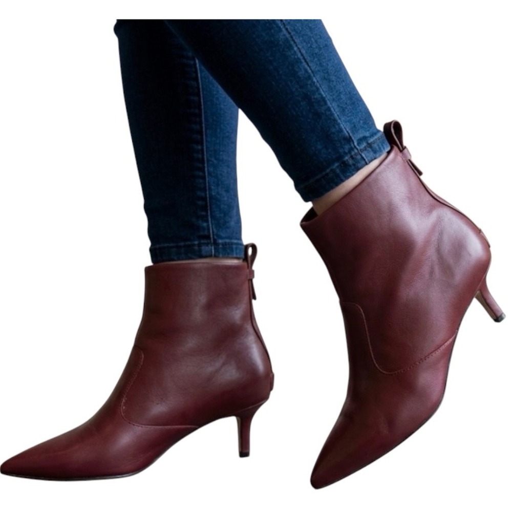 Franco Sarto Kura Kitten Heel Leather Burgundy Ankle Boots Size 9.5